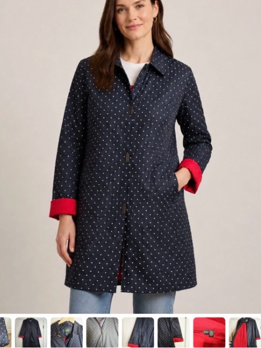 #967 Ralph Lauren Navy Polka Dot A Line Car Coat with Red Lining.